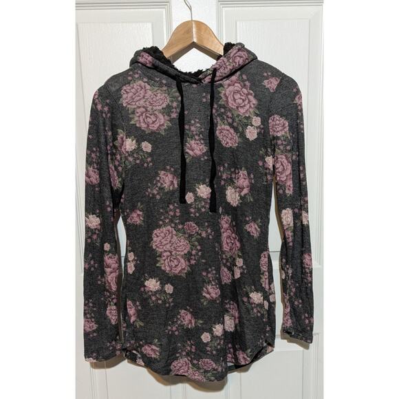 Ultra Flirt Large Gray Lightweight Sherpa Lined Hoodie Pink Floral Tunic To, L - Picture 2 of 9
